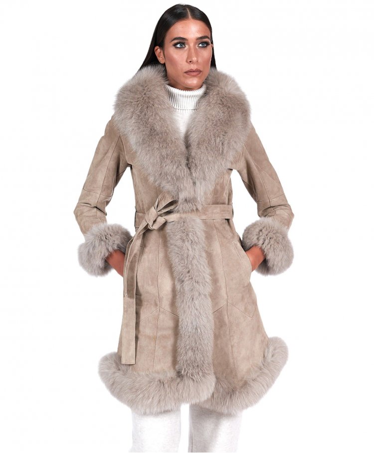 Manteau en mouton suedé beige avec col renard