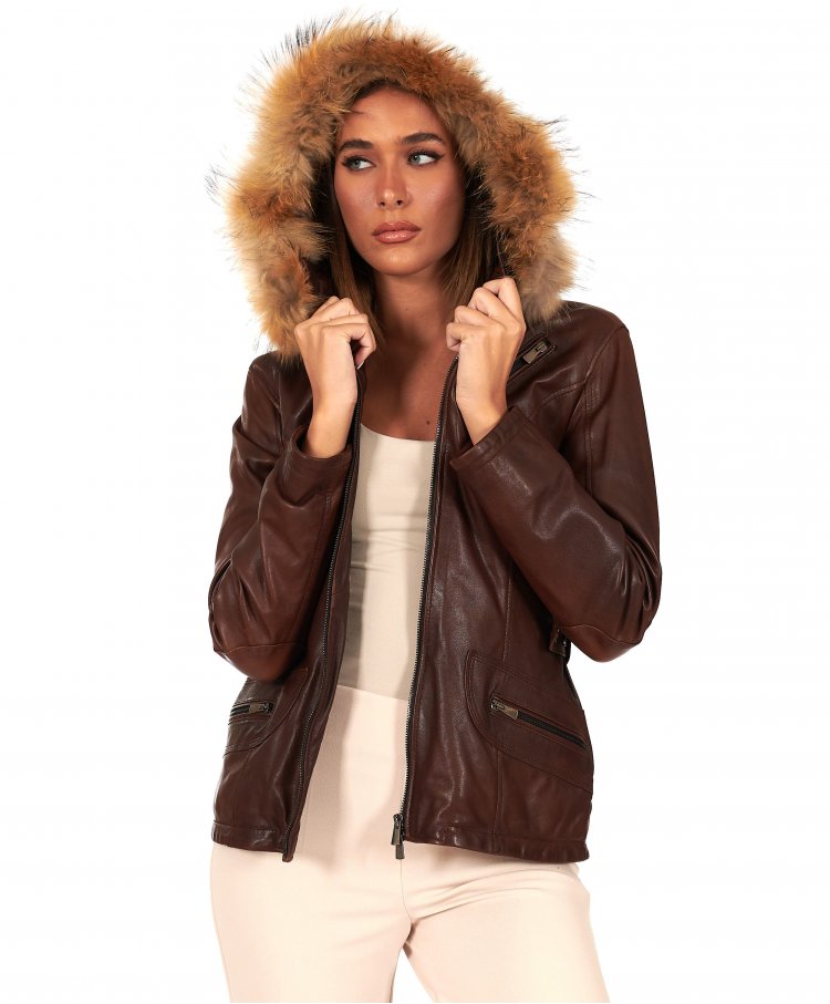 Parka cuir marron avec...