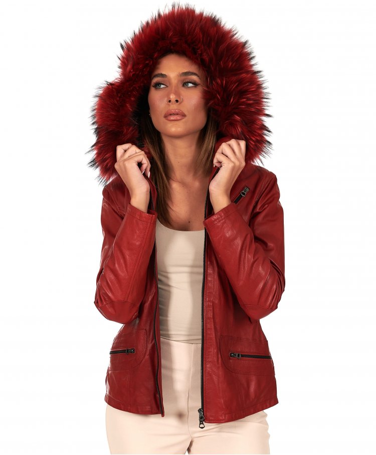 Parka cuir rouge avec...