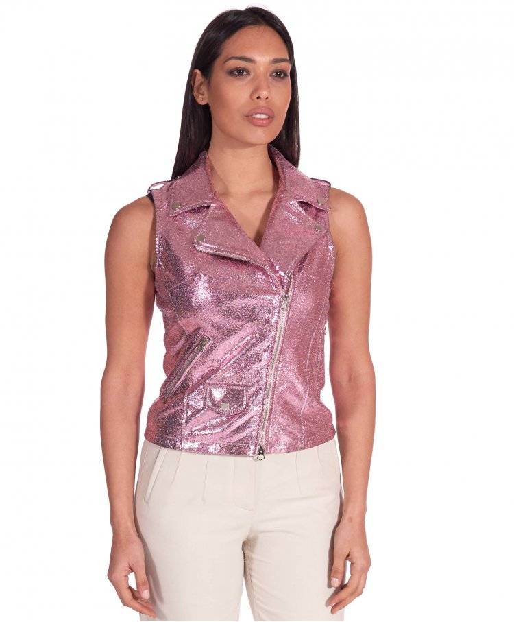 Gilet cuir laminé rose...