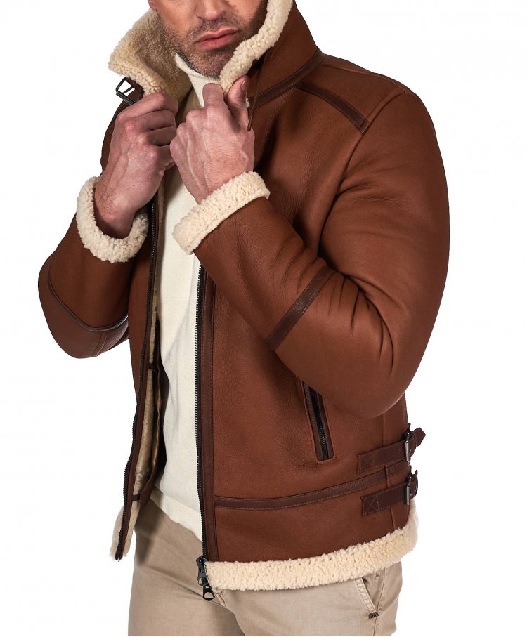 Blouson mouton cognac veste moto col chemise à boucle