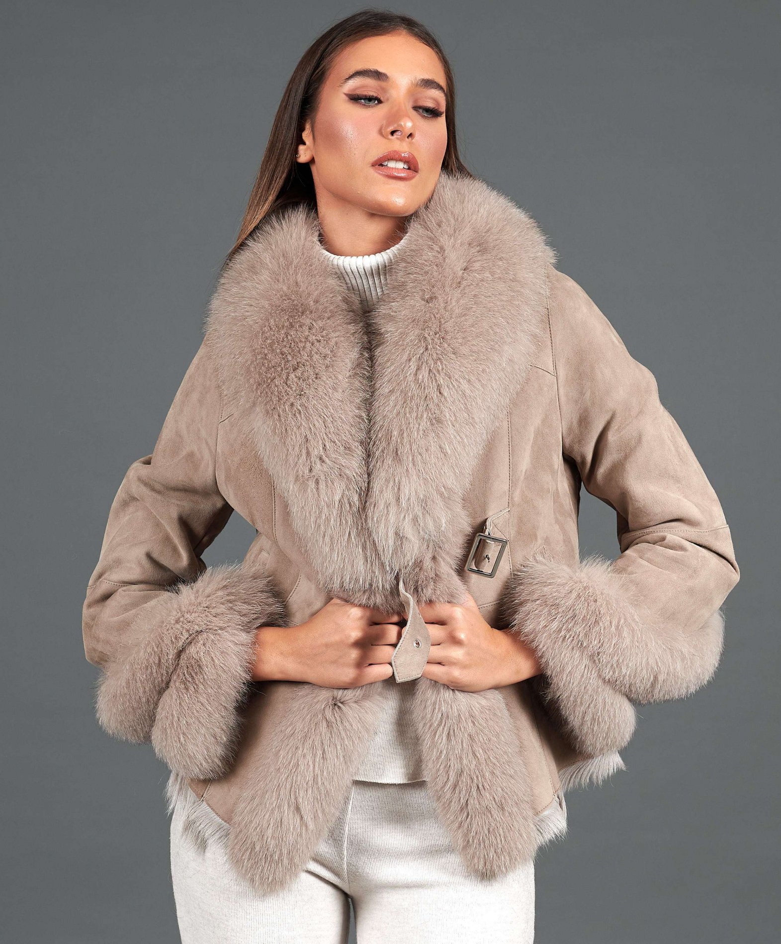 Blouson mouton femme fourrure de renard beige Clara D Arienzo