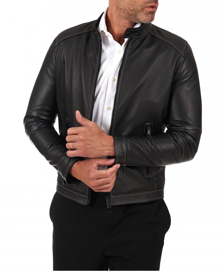 Blouson en cuir froissé noir avec surpiqûres contrastées