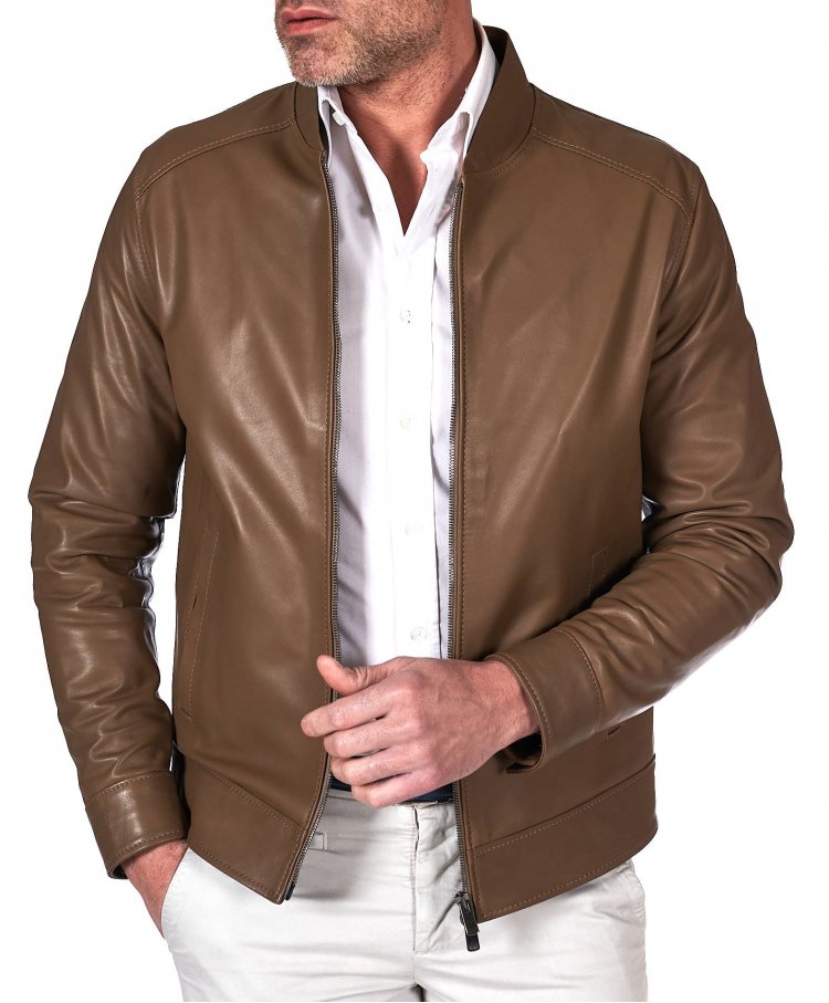 Blouson cuir plongé  taupe...