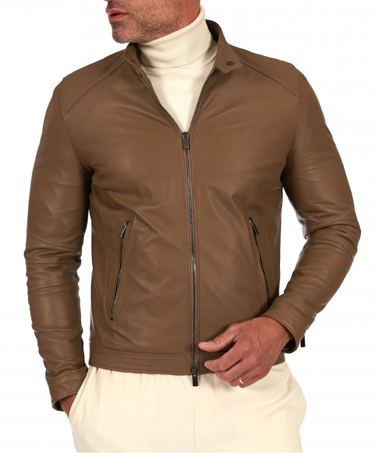  Veste en cuir taupe avec...