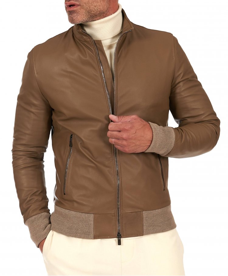 Blouson cuir taupe bomber...