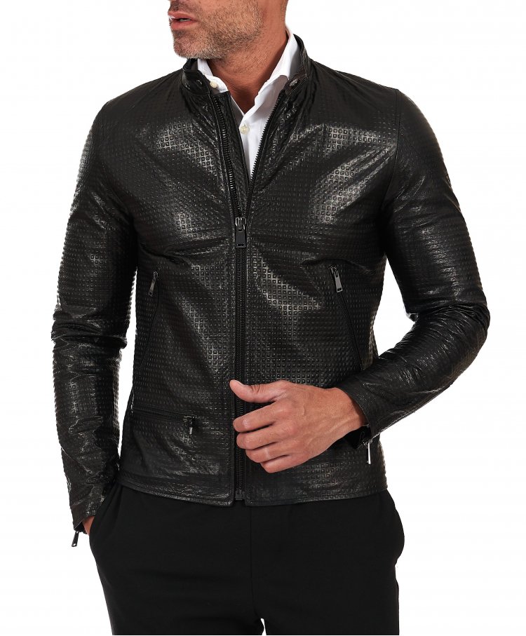 Blouson cuir homme motard cuir verni effet croco noir Philiphs D Arienzo