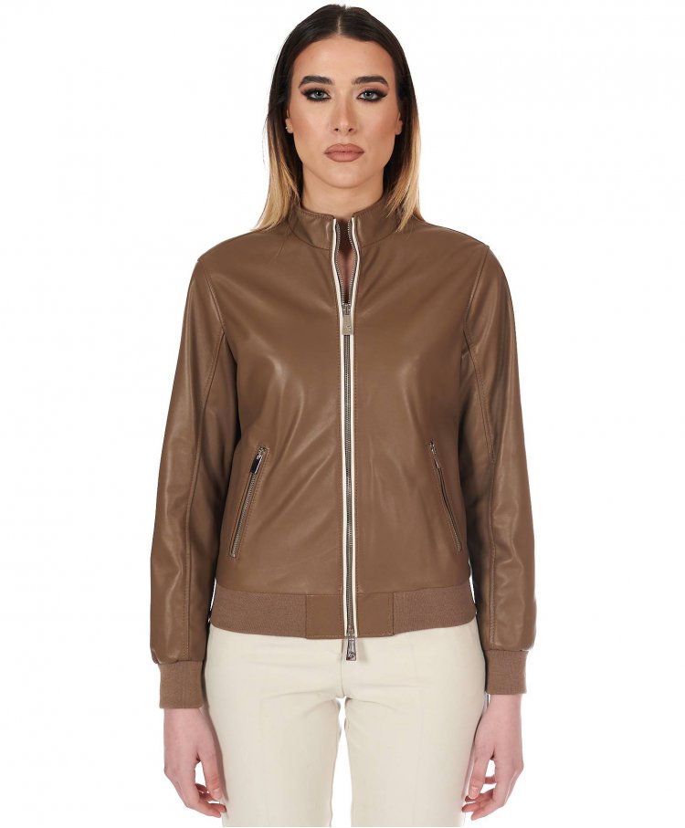 Veste bomber cuir taupe...