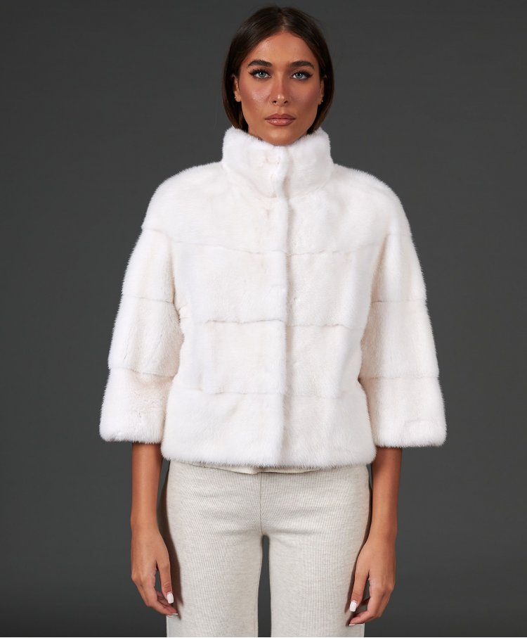 Veste fourrure vison femme col rond • couleur blanche