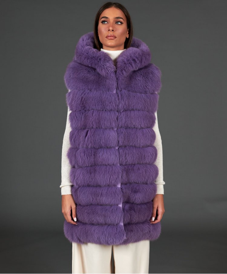 Veste fourrure renard femme avec capuche • couleur violet