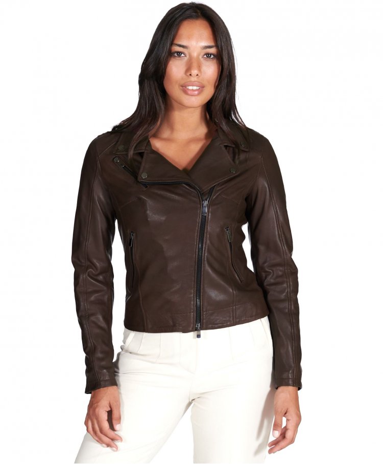 Veste en cuir femme motard marron vintage cuir plonge D Arienzo