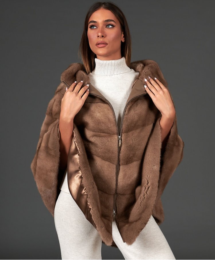 Manteau fourrure vison femme style cape à capuche • couleur palomino