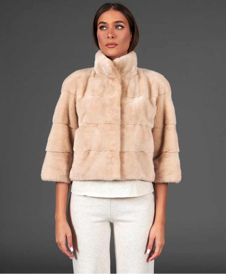 Veste fourrure vison femme col rond • couleur beige