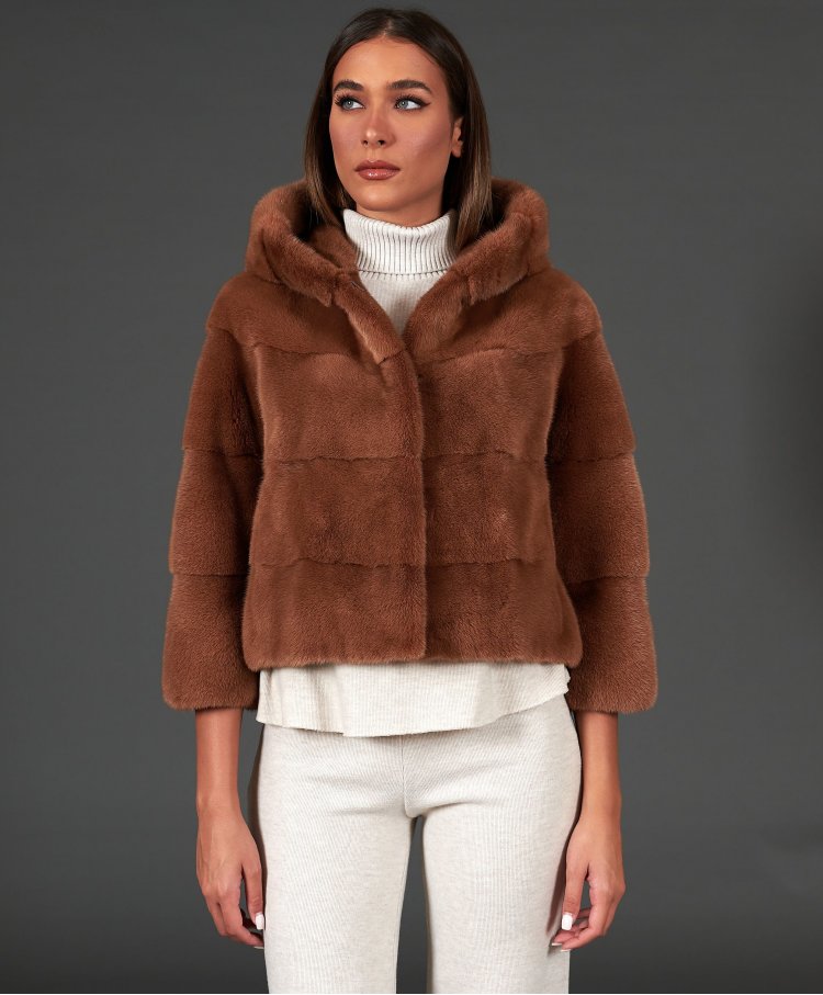 Veste fourrure vison femme avec capuche • couleur oignon