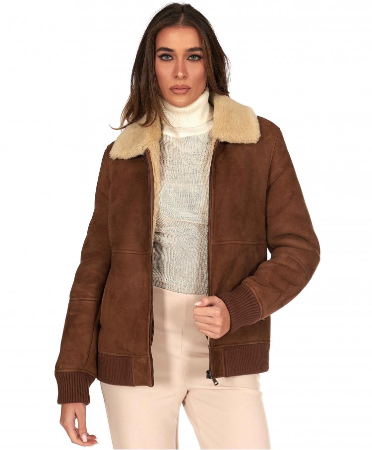 Bomber en cuir de mouton suedé cognac avec col contrasté