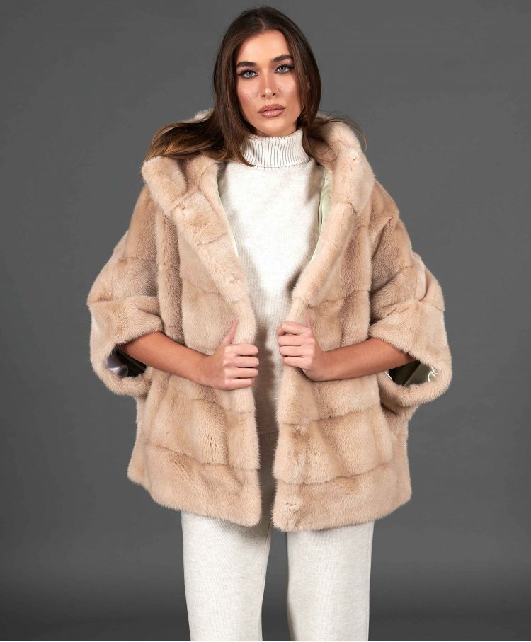 Veste fourrure vison femme avec capuche • couleur beige