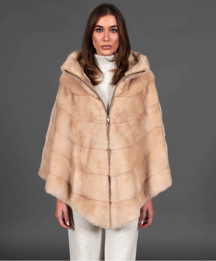 Manteau fourrure vison femme style cape à capuche • couleur beige