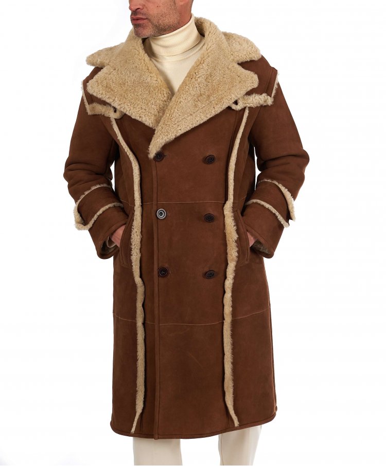 Manteau croisé en peau de mouton daim cognac effet lisse