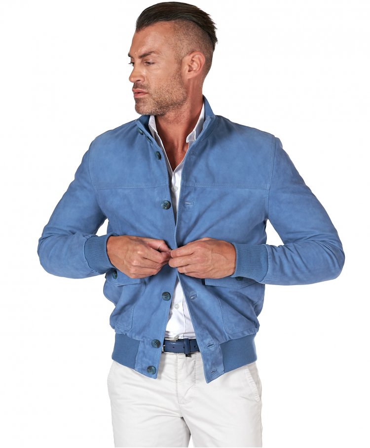 Bomber cuir daim bleu denim...