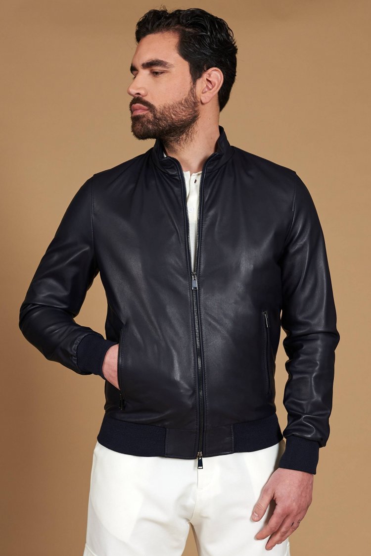 Blouson cuir bleu bomber...