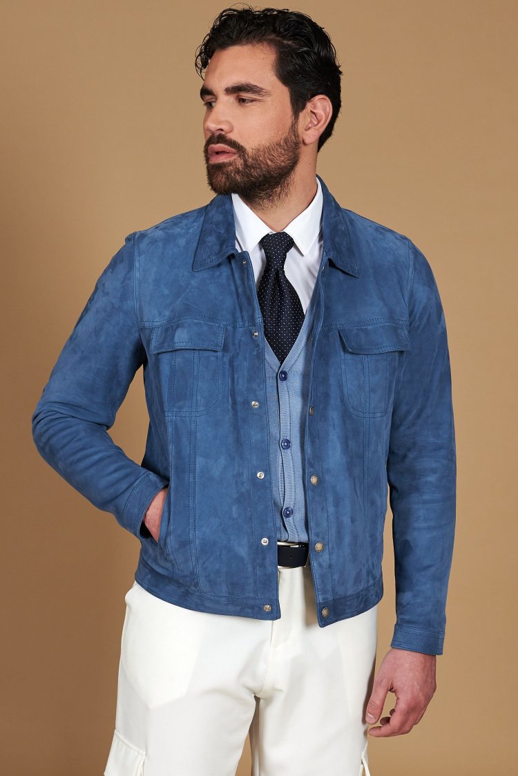 Blouson daim bleu denim...