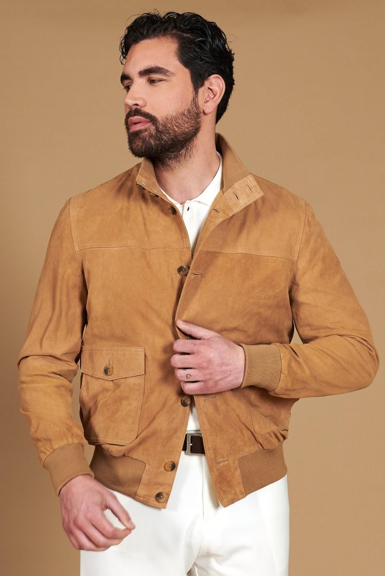 Bomber cuir daim beige avec...