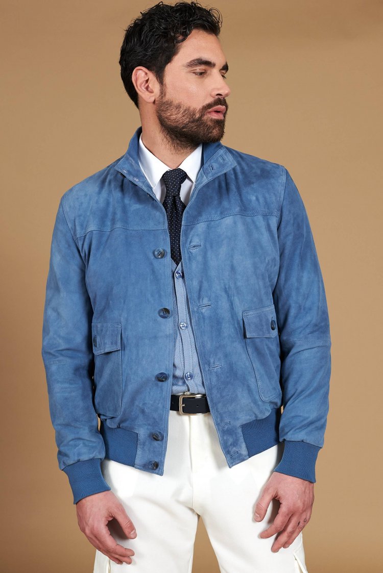 Bomber cuir daim bleu denim...