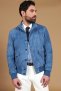 Giacca bomber in pelle camoscio blu denim con bottoni e tasconi