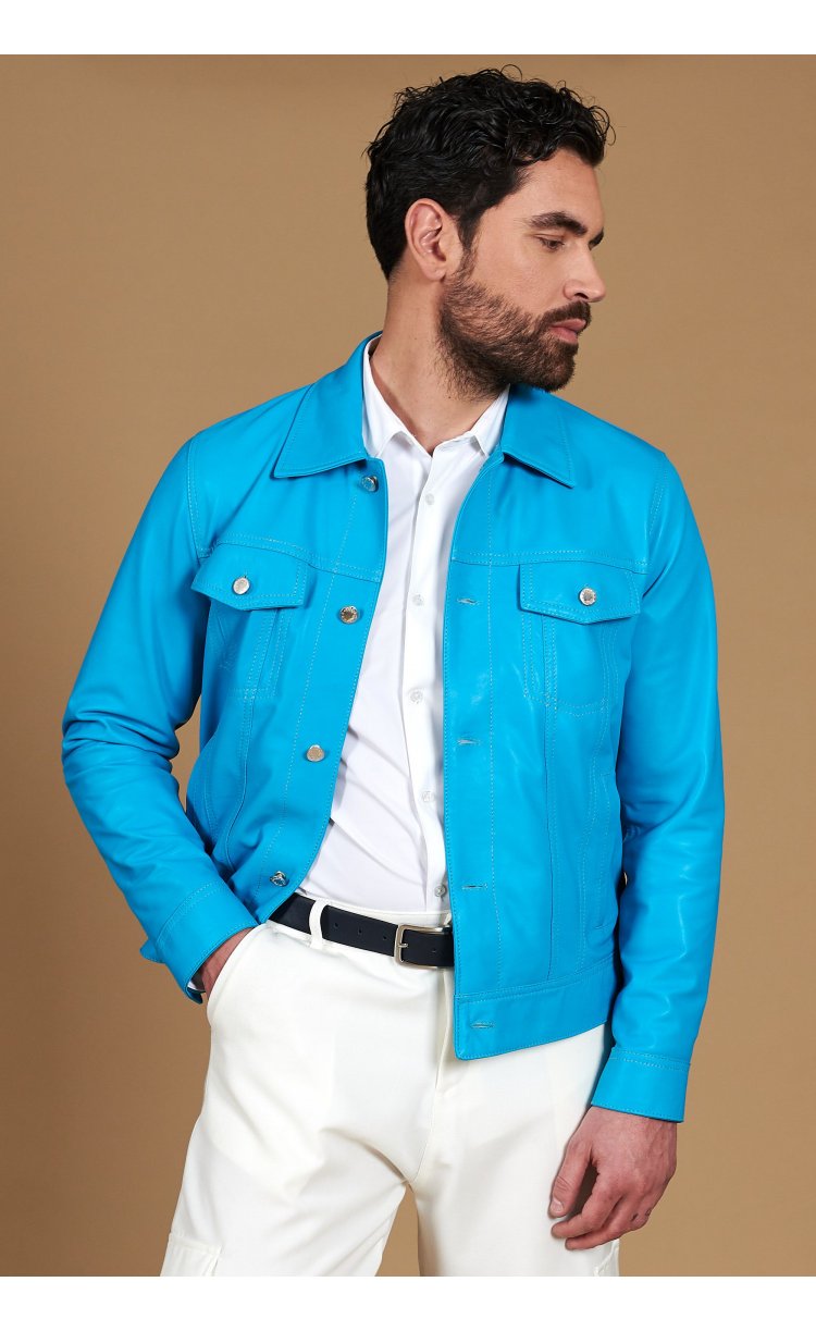 Blouson cuir turquoise pour...