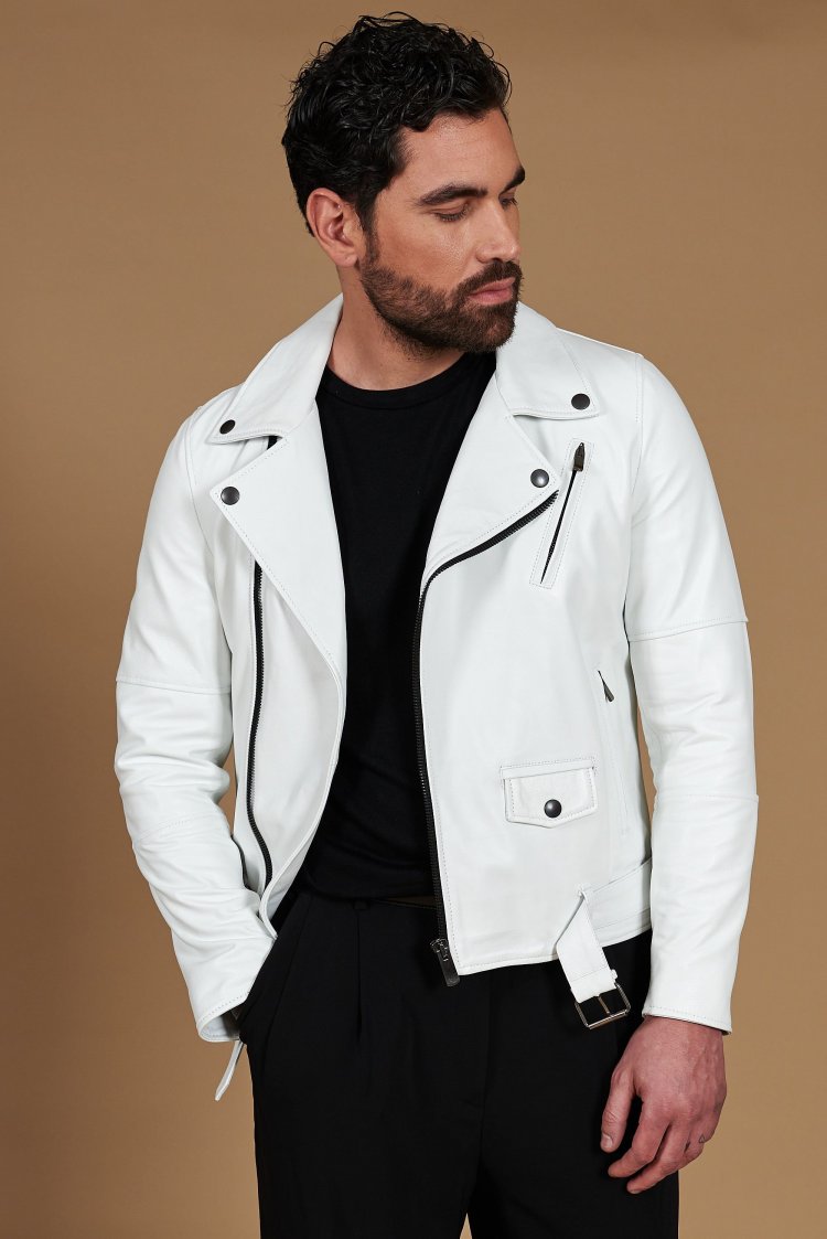 Blouson cuir blanc motard...