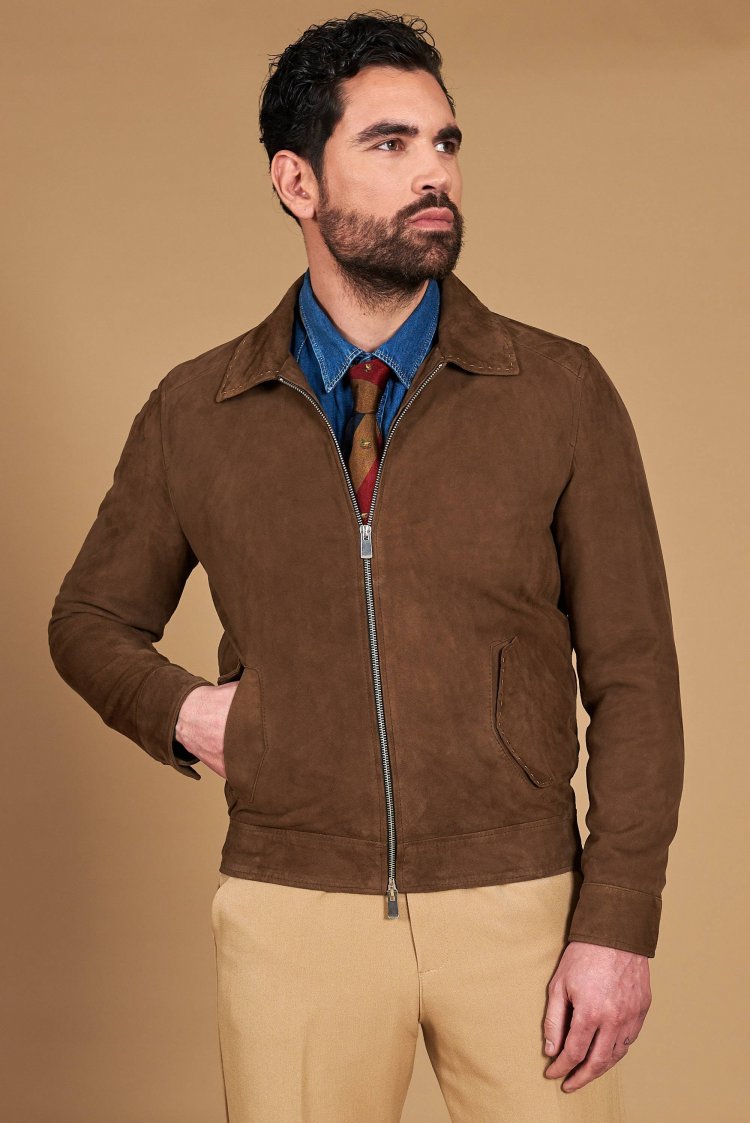 Blouson en cuir taupe avec...