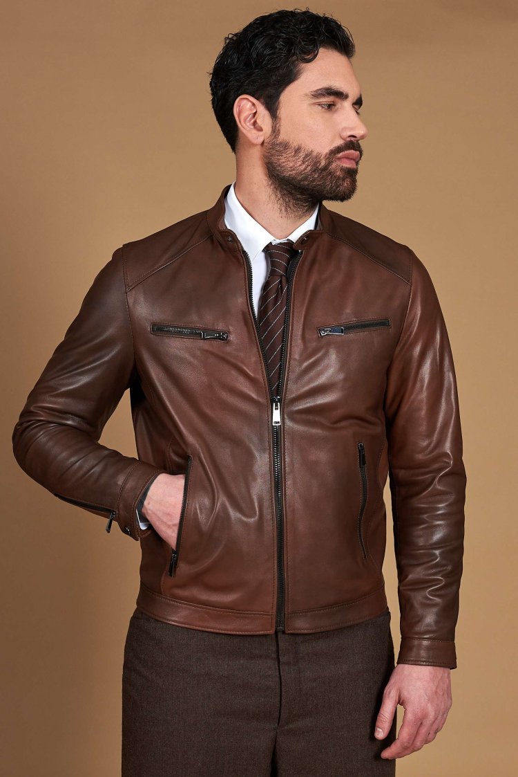 Blouson cuir marron quatre...