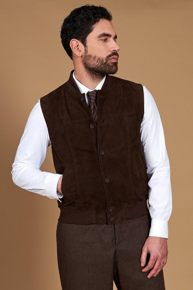 Gilet en cuir suédé marron...