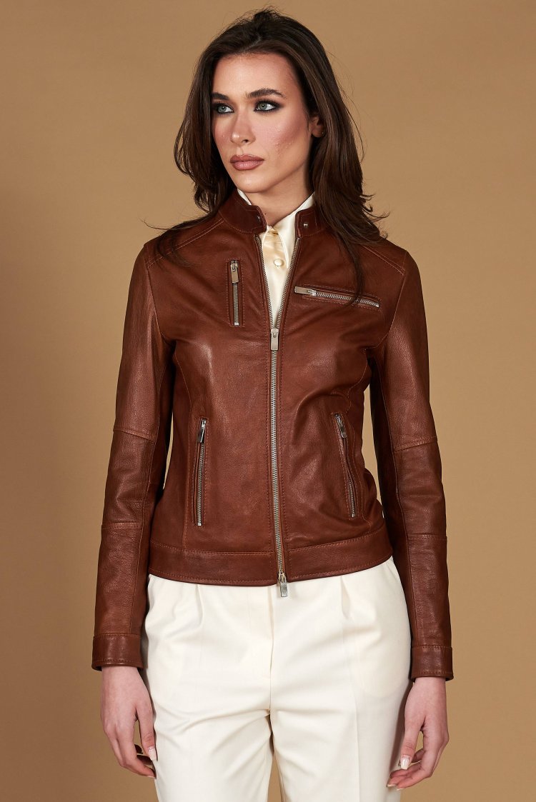 Veste cuir cognac quatre...