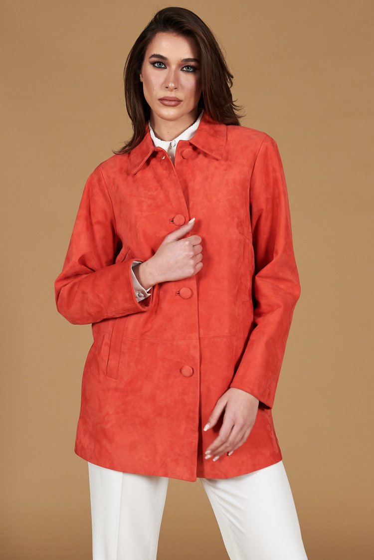 Veste cuir daim orange à...