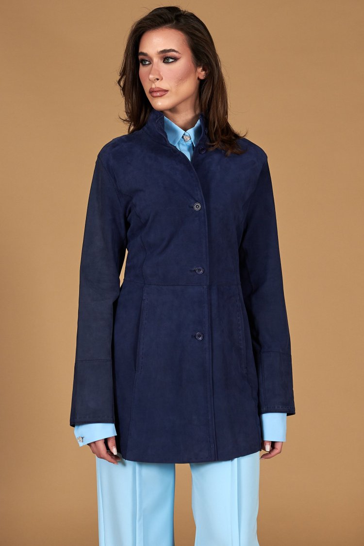 Manteau cuir daim bleu sans...