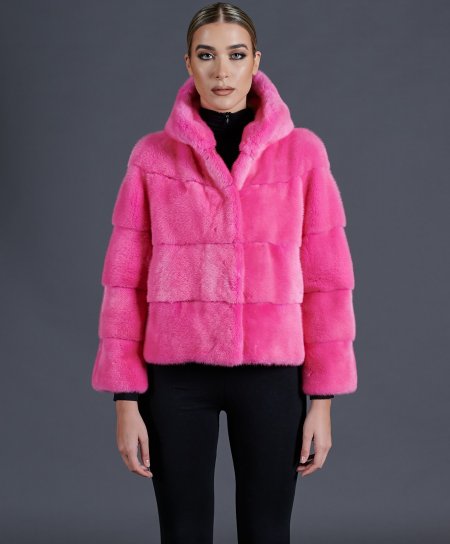 Veste fourrure vison femme avec capuche • couleur fuchsia