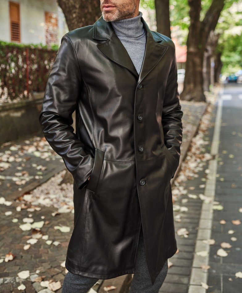 manteau long homme cuir noir