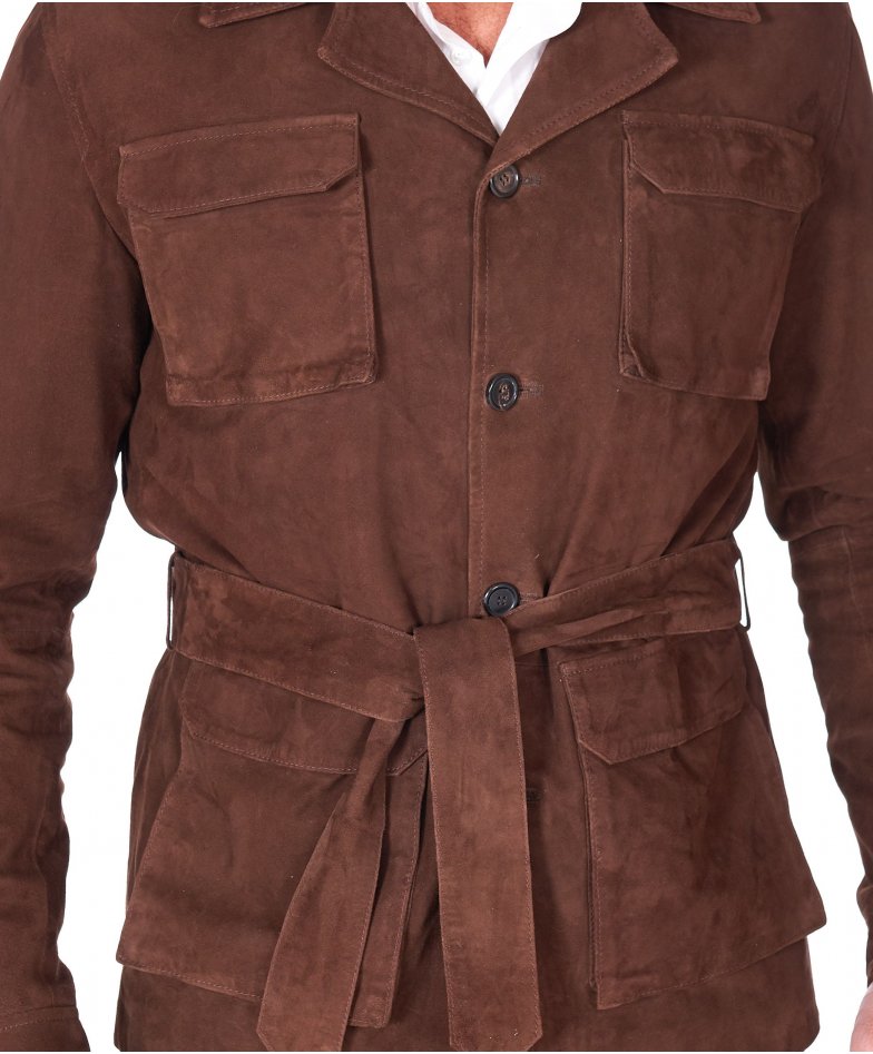 Veste cuir homme boutons et ceinture cuir velours marron foncé Blair