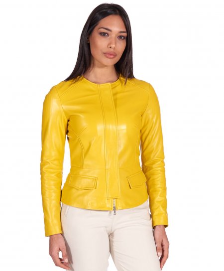 Veste cuir jaune col rond...