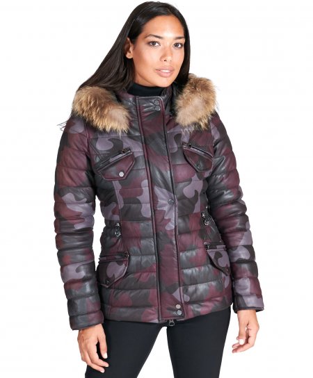 Parka cuir bordeaux militaire capuche fourrure cuir plongé