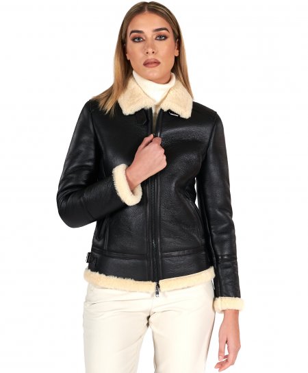 Blouson mouton noir veste motard avec boucles